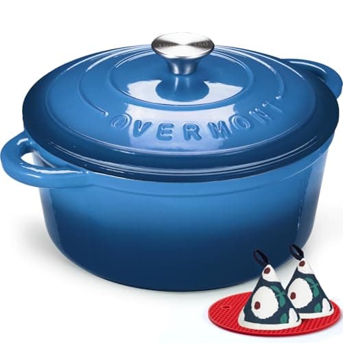 Image of Overmont 24cm/4.2L Enamelled Cast Iron Round Casserole Pot With Lid Cookbook & Cotton Potholders - Non-stick Dutch Oven Cookware for Braising, Stews, Roasting, Bread Baking - Sapphire blue, 4.5QT