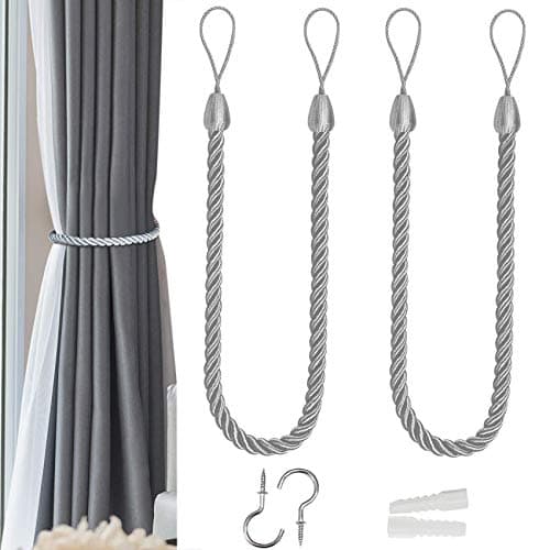 Image of 1 Pair Curtain Ties backs, Curtain Tiebacks Ropes, Drapery Holdbacks Artistic Room Décor Handmade Natural Knitting Cotton Rope Drape Tie Backs for Sheer and Blackout Cotton Rope(Dark Gray)