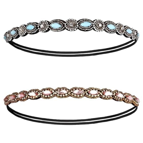 Image of JEXOWIQ Rhinestone Elastic Hair Bands – 2 Pieces Women's Hair Elastics, Handmade Jewellery, Women's Bohemian Hair Band, Accessories for Women and Girls