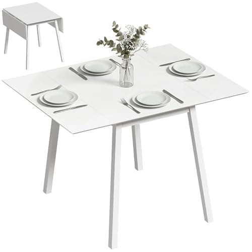 Image of HOMCOM Solid Wood Folding Dining Table, Drop Leaf Table for 2-4 People, Rectangle Kitchen Table for Small Space, White