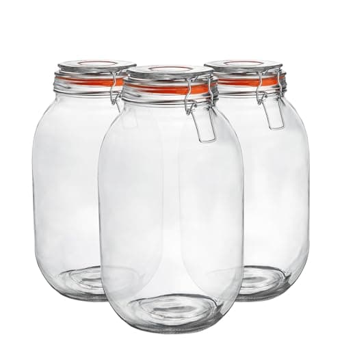 Image of Argon Tableware Glass Jars with Airtight Metal Clip Lid - 3000ml/105.5oz - 3 Pack - 4 Colour Seals - Extra Large Container Round Preserving Jar for Pickling, Chutney, Jam, Coffee, Biscuit