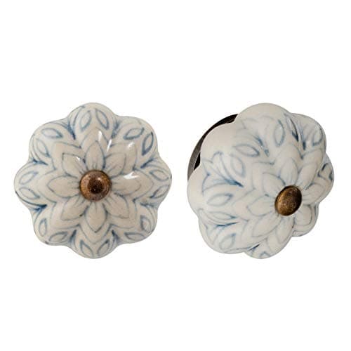 Image of Nicola Spring Ceramic Cupboard Drawer Handle Knobs - Vintage Flower Design - Grey/Blue - Pack of 6