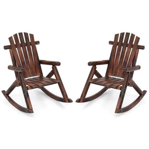 Image of COSTWAY Adirondack Rocking Chair, Solid Wood Porch Rocker High Back Leisure Armchair, Traditional Outdoor Relax Deck Chairs for Garden, Patio, Balcony and Yard (2, Brown)