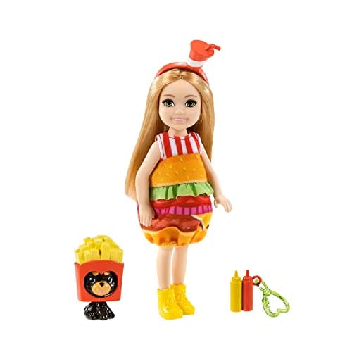 Image of Barbie Club Chelsea Dress-Up Doll (6-inch Blonde) in Burger Costume with Pet and Accessories, Gift for 3 to 7 Year Olds