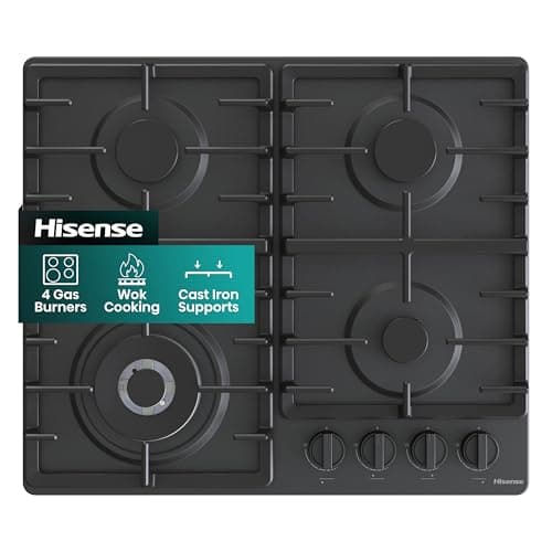 Image of Hisense GM663BHF Gas Hob, 4 Cooking Areas, Width 60 cm, Double Crown Wok Burner and Cast Iron Grills, Integrated Ignition, Black