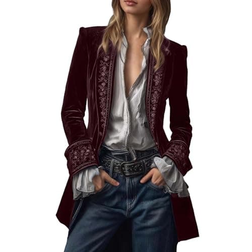 Image of Generisch Velvet Jacket Women's Vintage Long Embroidered Blazer Women Open Front Coat Gothic Steampunk Outerwear Plain Elegant Baggy Velvet Jacket Festive Carnival Fancy Dress Jacket, red, L