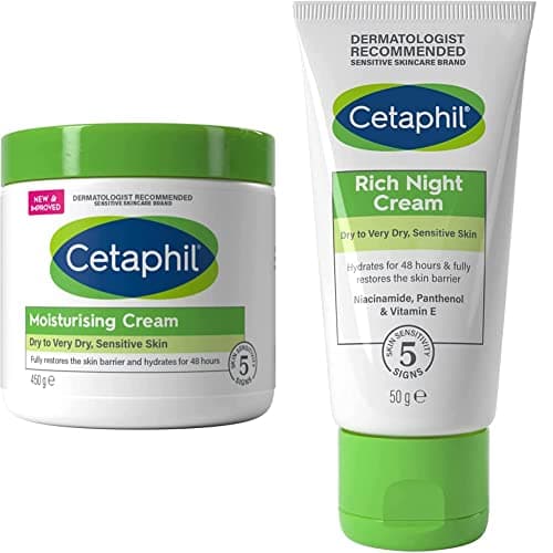 Image of Cetaphil Body Moisturiser, 450g, Moisturising Cream For Dry to Very Dry, Sensitive Skin, With Niacinamide & Vitamin E & Rich Night Cream, 50g, For Dry To Very Dry, Sensitive Skin, With Niacinamide