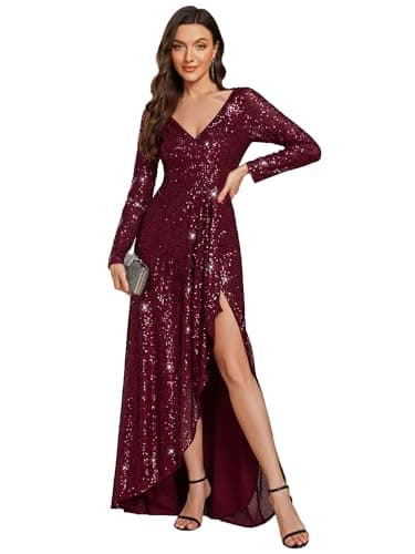 Image of Ever-Pretty Women's Sexy Winter Sequin Dress Long Sleeves A-Line High Low Maxi Evening Dresses Burgundy 12UK