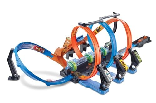 Image of Hot Wheels Track Set and Toy Car, Large-Scale Motorized Track with 3 Corkscrew Loops, 3 Crash Zones and Toy Storage, FTB65