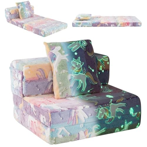 Image of GYMAX 3-in-1 Kids Sofa Chair, Glow in The Dark Children Fold out Couch with Pillow and Washable Cover, Convertible Toddler Sofa Bed for Boys Girls (Colorful)