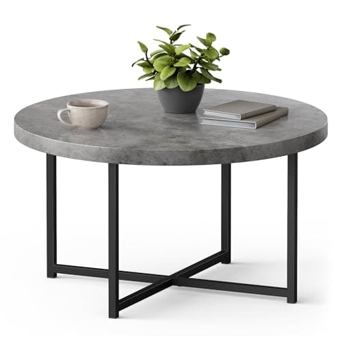 Image of VonHaus Coffee Table for Living Room - Round Grey Concrete Look Living Room Table - Modern Style with Black Powder Coated Metal Legs - For Lounge with 80cm Diameter, Mosley