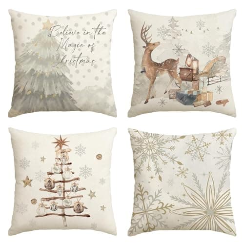 Image of Artoid Mode Pines Reindeer Snowflakes Christmas Cushion Covers Set of 4, 45x45 cm Winter Xmas Decorative Pillow Case Cover Sofa Living Room Decor