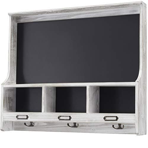 Image of Grey Wooden Wall Mounted Hanging Entryway Shelf with Chalkboard with Chalkboard & 3 Double Hooks. 20"x24" Use as Coat Rack, hat Organizer, Key Holder in Mudroom, Kitchen, Bathroom, Hallway, Foyer