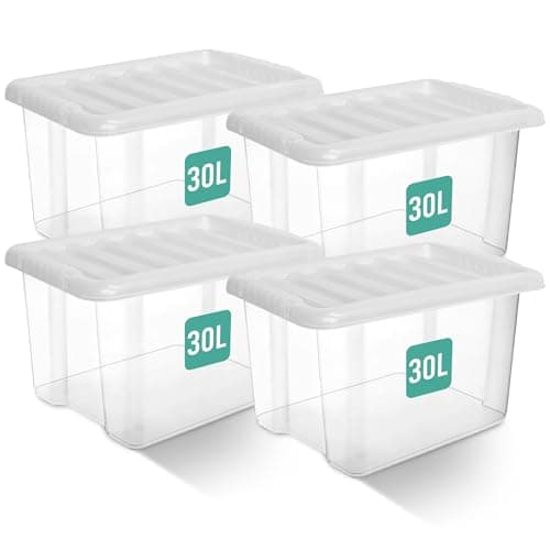 Image of Klass Home Collection 4 x 30 Litre Clear Plastic Storage Boxes With Lids Set of 4, Strong Multipurpose Stackable Plastic Storage Box With Lid 30L Clear Containers For Home, Kitchen, Garage, Office