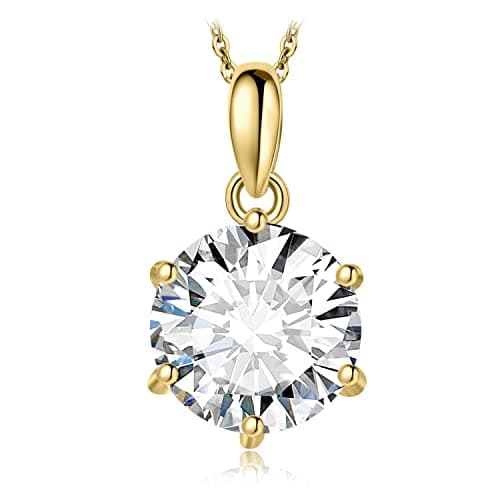 Image of JewelryPalace Round 9mm 3ct Moissanite Solitaire Pendant Necklace for Women, Classic Simulated Diamond 925 Sterling Silver 14k Yellow Gold Plated Necklaces for Her VVS D-F, 18 Inch Box chain
