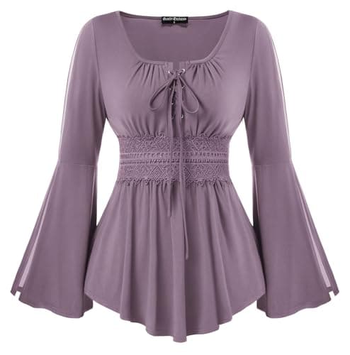 Image of SCARLET DARKNESS Women's Pirate Blouse U-Neck Pleated Waist with Lace Medieval Corset Top S Purple