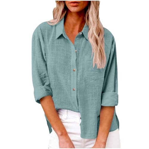 Image of Yolimok Womens Long Sleeve Tops Casual Blouses Button Down Linen Shirts Collared Loose Oversized Summer Tops Dressy Blouses for Women UK Office Work Ladies Top Plus Size 8-22 Sky Blue