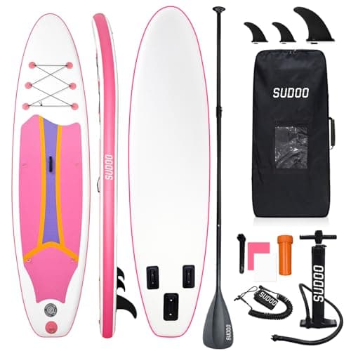 Image of SUDOO 10FT 3M Inflatable Stand Up Paddle Board SUP, Paddle Boards For Adults, Full-EVA Deck, Shoulder Strap, Double-headed Paddle, Lightweight Complete Kit for Beginners Surfing (Pink)