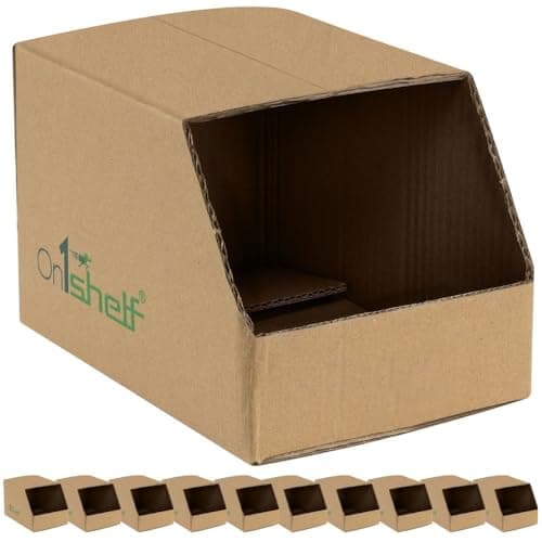 Image of On1shelf® 10pcs Stackable Cardboard Boxes, Corrugated Storage Bins, Pantry Organiser Bins for Shelves, Garage Office Organisation (205(L) x140(W) x130(H))