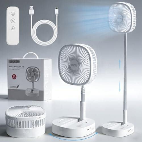 Image of UOUCOO Portable Oscillating Standing Fan,9 Inch Foldable Pedestal Fan,7200mAh Rechargeable Battery USB Powered Floor Fan,Height Adjustable,4 Speeds,Quiet,with Remote Control,Camping Bedroom Desk