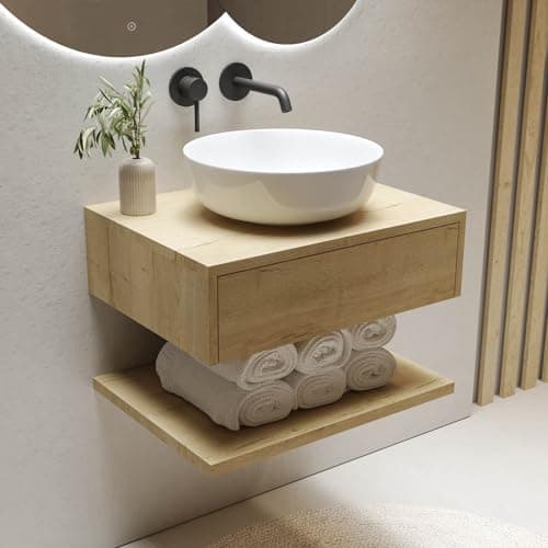 Image of Lugo 600mm Wood Effect Wall Hung Countertop Vanity Unit with Round Basin and Shelf