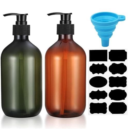 Image of 2 Pcs Pump Bottle Dispenser,500ML/17oz Refillable Empty Press Pump Bottles,Plastic Liquid Soap Dispenser Storage Holder Container for Liquid Soap,Lotions, Shampoo,with Funnel, Label Paper(Brown/green)