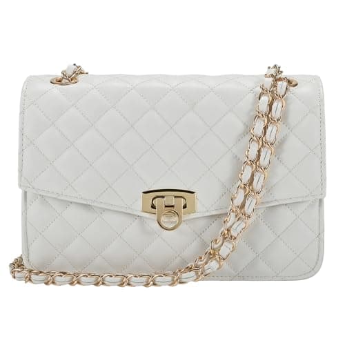 Image of GM LIKKIE Quilted Shoulder Bag for Women, Medium Flap Crossbody Handbag with Chain Strap, Soft Vegan Leather Clutch Purse, White