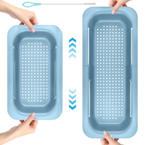 Image of Sink Strainer Basket Extendable Over The Sink Colander Strainer Basket Sink Drain Basket Multi-Functional Collapsible Colander for Draining Pasta Vegetables Fruits(7.9 W × 13.4-19.5 L × 2.75 H)- Blue
