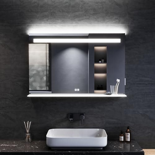 Image of ELEGANT LED Bathroom Mirror with Shaver Socket, 100x65cm Illuminated Bathroom Wall Mirror with 3 Colors Dimmable, Anti-Fog, Memory Function & Touch Sensor, Vanity Mirror with LED Shelf