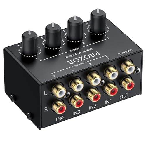 Image of PROZOR 4 Channel Audio Mixer - Mini Passive Stereo Mixer with RCA Input & RCA Output Support Volume Adjustment Full Metal Shell for DJ Home Theater