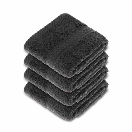 Image of HOMESCAPES Black Turkish Cotton Set of 4 Face Cloths Flannel Super Soft Thick & Absorbent 500 GSM Towel Heavy Weight for everyday Luxury