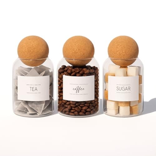 Image of 3 x Jars Set Tea Coffee Sugarwith Cork Lids and Sticker Labels - Small Modern Glass Kitchen Food Storage Canister Container Caddy Biscuit Tin Sweet Pot Set with Wooden Lid - by Argon Tableware