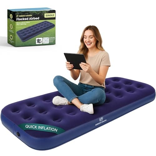 Image of Green Haven Single Flocked Airbed – Lightweight Inflatable Camping Mattress with Waterproof Flocked Top – Portable Single Air Bed for Adults & Kids – Ideal for Festivals, Camping & Guest Use