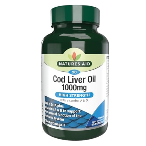 Image of Natures Aid Cod Liver Oil 1000mg Softgels – High Strength Omega-3 Fish Oil with Vitamins A & D – Supports Immune System, Heart Health, Brain, Vision, Joints – Non-GMO – 90 Capsules