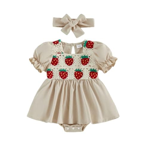 Image of Himllauen Infant Baby Girl Summer Romper Dress Set Crochet Strawberry Embroidery Puff Short Sleeve Square Neck Jumpsuit with Headband Newborn Girls Cute Summer Clothes (Apricot, 0-3 Months)