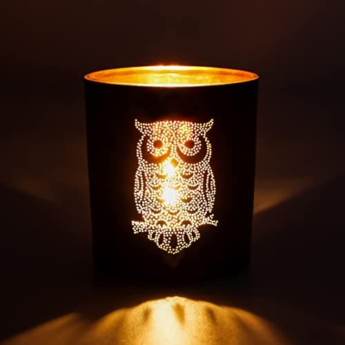 Image of Larcenciel Tea Light Holder Owl, Black Gold Candle Stand Glass Candle Holder Romantic Tea Light Glasses, Lantern Glass Elegant Tea Lights Decoration for Party, Birthday, Christmas, Events