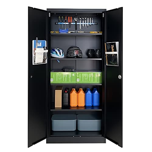 Image of iJINGUR Metal Storage Cupboard with Locking Doors and 4 Adjustable Shelves, Lockable Steel Storage Cabinet for Home Office Garage Kitchen Pantry (Black)
