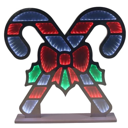 Image of Mr Crimbo 60cm Candy Canes LED Infinity Mirror Christmas Decoration with Optical Illusion, Multicolour Lights on Both Sides, White Wooden Base, 5m Cable, Mains Operated Indoor Festive Display