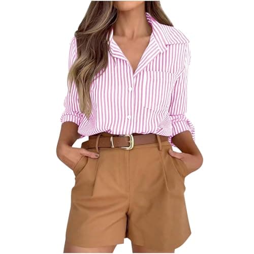 Image of Blouses for Women UK Striped Dress Shirts Button Down Shirt Casual Loose Long Sleeve Office Work Tunic Tops Collared Neck Roll Up Long Sleeve Blouse Regular Fit Tee Shirt with Pocket Pink