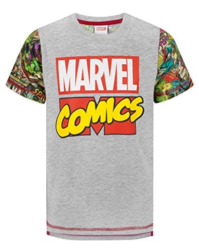 Image of MARVEL T-Shirt for Boys | Kids Superhero Comics Short Sleeve Top | Hero Iron Man Spider-Man Hulk Characters Grey Shirt Comics Gifts