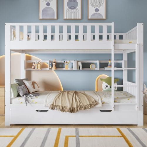 Image of Merax 3FT Bunk Bed for Kids – Solid Pine Wood Loft Bed with Under-Bed Slide Drawer Storage, Shelf, Toddler Bunk Bed, White, High Sleeper Bed, Bunk Bed with Storage