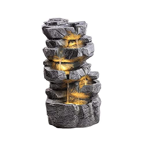 Image of Rock Stone Cascade Water Feature with White LED Lights (70cm Tall) | 5 Tier Cascading Water Feature, Self Contained, Outdoor - 42 x 38 x 70cm