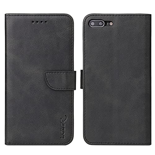 Image of LOLFZ Wallet Case for iPhone 7 Plus 8 Plus, Vintage Leather Book Case with Card Holder Kickstand Magnetic Closure Flip Case Cover - Black
