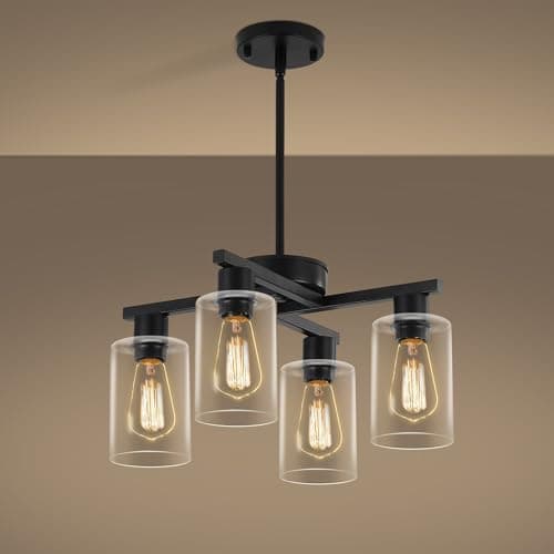 Image of 4-Light Modern Farmhouse Black Chandelier, Dining Room Light Fixture Over Table Adjustable Height Hanging Industrial Pendant Lights Kitchen Island, Clear Glass Shade