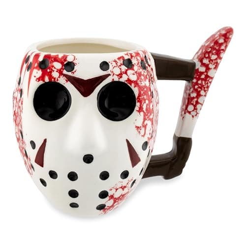 Image of Silver Buffalo Warner Bros Friday The 13th Jason Mask with Knife Ceramic Coffee 3D Sculpted Mug, 1 Count (Pack of 1), Multicolor, 20 Fluid Ounce.