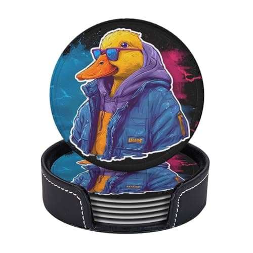 Image of BOXIMIAO Drink Coasters with Holder Stand Set of 6, Cute Cyberpunk Duck Pu Leather Absorbent Coasters with Cork Base Table Coaster Round Coasters for Housewarming Apartment Kitchen Bar Decor