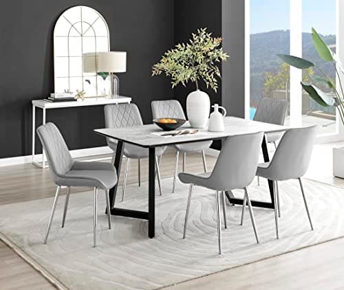 Image of Furniturebox UK - White Marble Effect Melamine Dining Table & 6 Grey Pesaro Silver Chairs