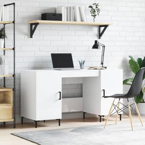 Image of SooIarix Desk High Gloss White Made of Wood Material 140 x 50 x 75 cm with Storage Space and Iron Feet, Compact Computer Desk for Study, Gaming Desk, PC Table, Furniture for Small Spaces