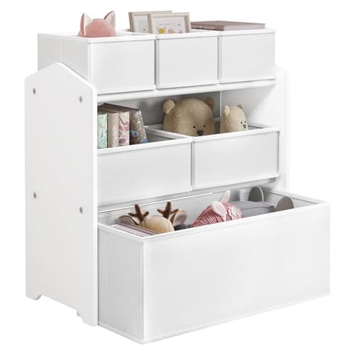 Image of Lestarain 3-Tier Children Storage Unit, Toy Organiser with 6 Removable Boxes, White MDF Frame with Non-Woven Toy Chests for Nursery, Children’s Room, 63x30x60cm