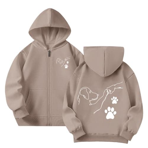 Image of Girls Hooded Sweatshirt Zip Up Long Sleeve Hoodie with Cartoon Fist Bump Graphic for Casual Outerwear in Autumn and Winter, khaki, 11-12 Years
